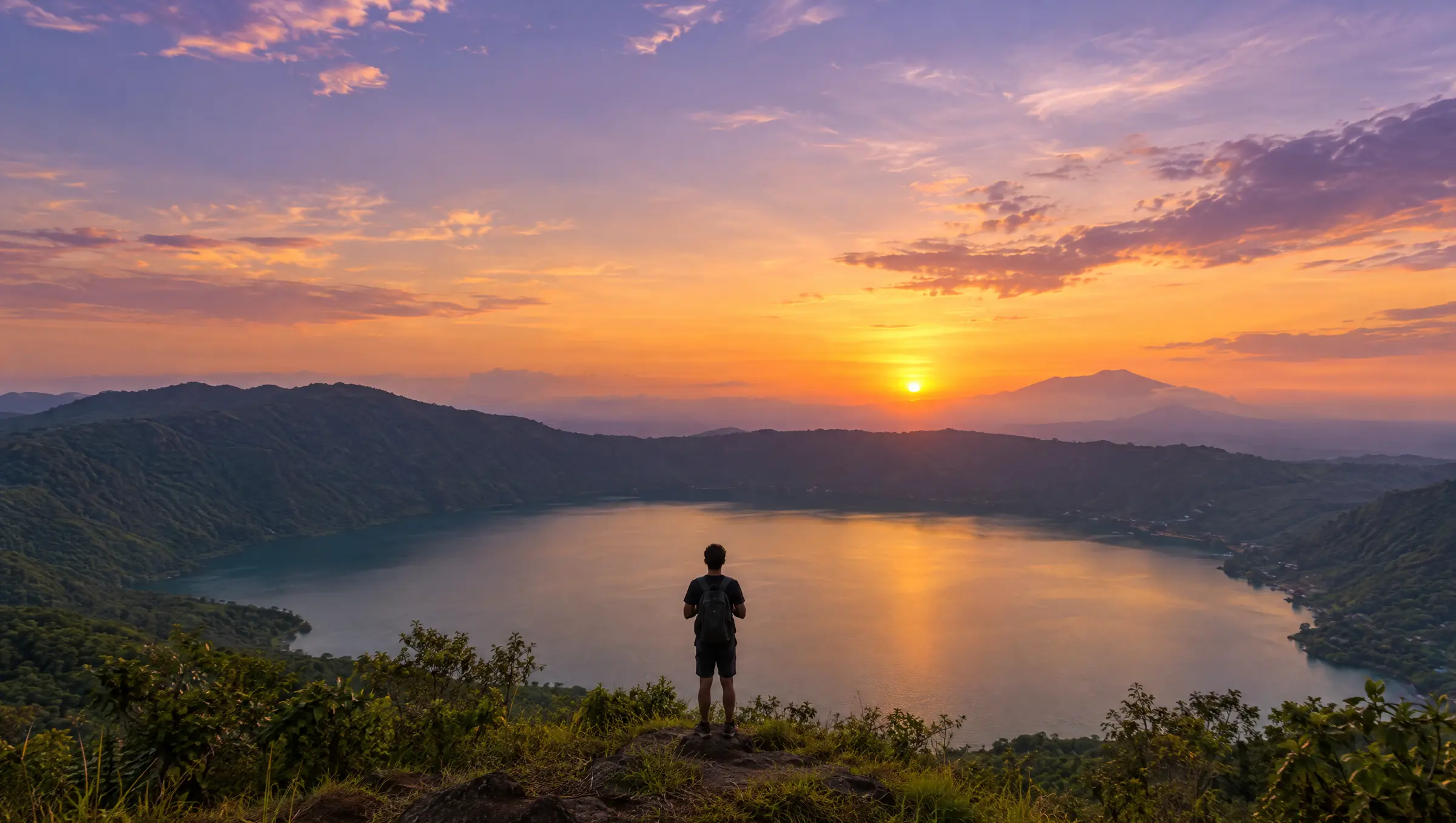 Una persona mira el atardecer sobre el lago de Coatepeque